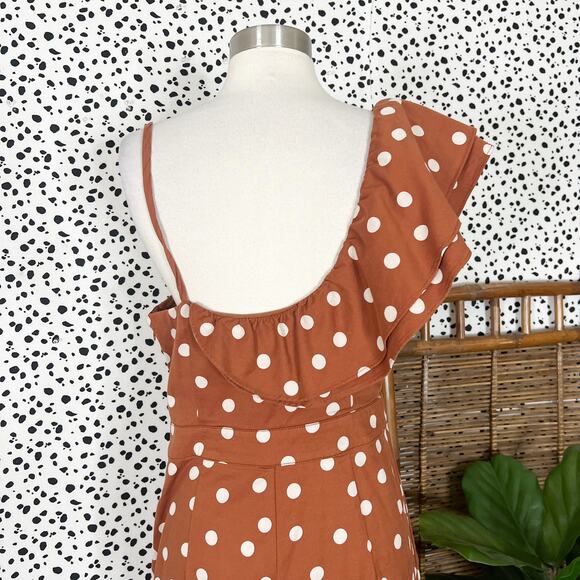Anthropologie | Maeve Rust Orange Polka Dot White Ruffle Wide Leg Jumpsuit 8 EUC - Picture 9 of 13